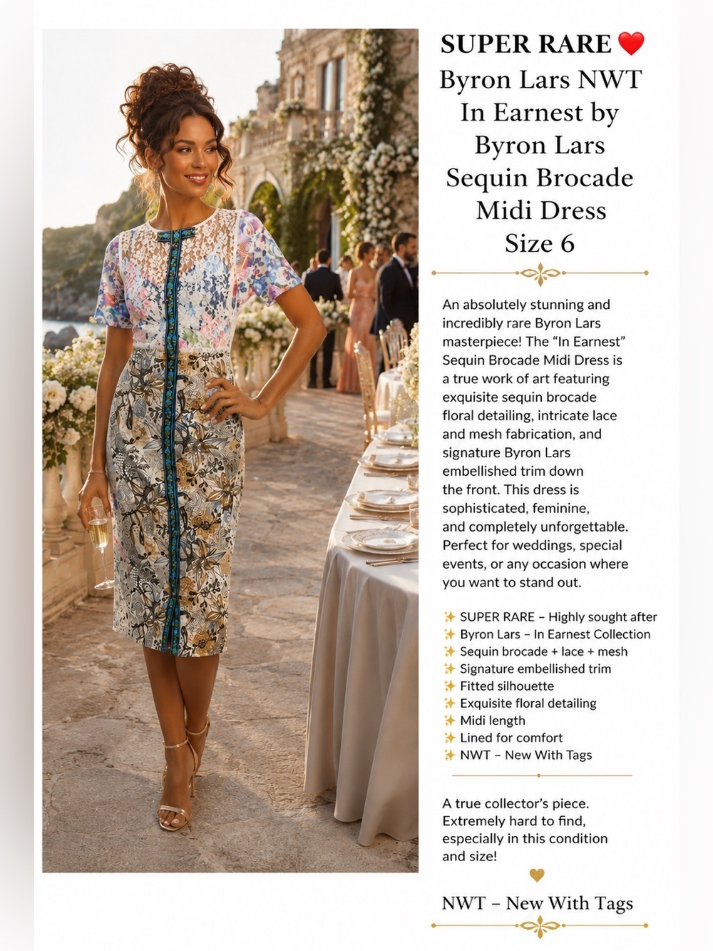 ❤️RARE❤️Byron Lars NWT In Earnest by Byron Lars Sequin Brocade Midi Dress 6